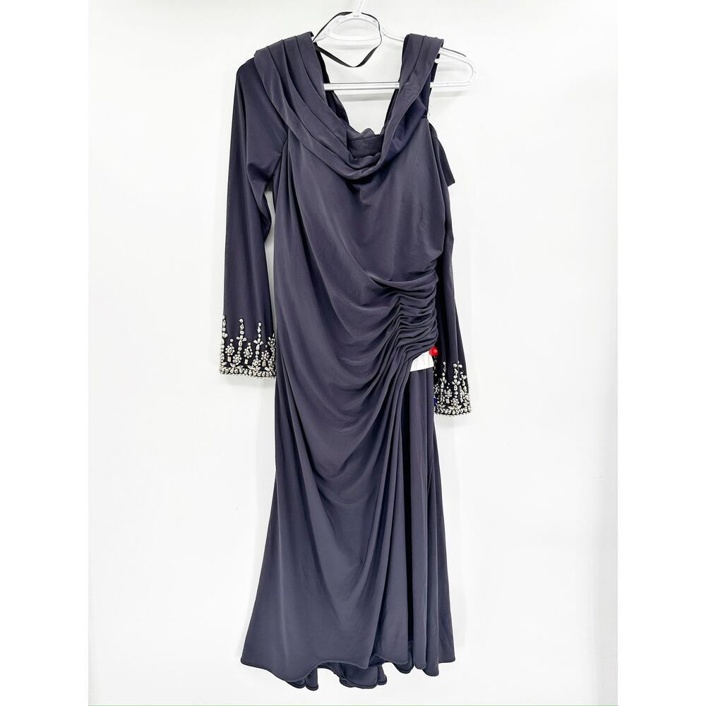 Mac Duggal 26485 Foldover Long Sleeve Jeweled Midi Dress in Charcoal 12 NWT - Picture 3 of 7